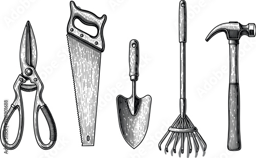 Vintage hand drawn gardening and construction tools set with scissors, saw, trowel, rake, and hammer, engraved line art vector illustration in retro style