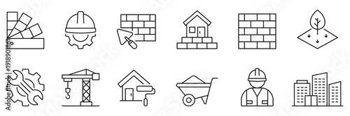 Construction black line icons set. Engineering tools icons. Build line icon set. Collection a related to build, construction, building, architecture, worker, and more.