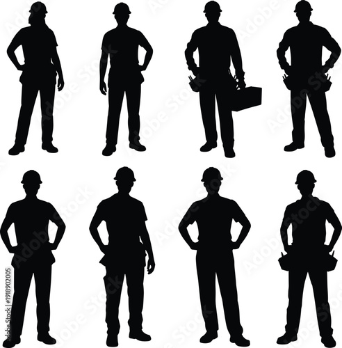 Construction worker silhouette set with toolbox and safety helmet, builder labor vector illustration isolated on white background, profession collection