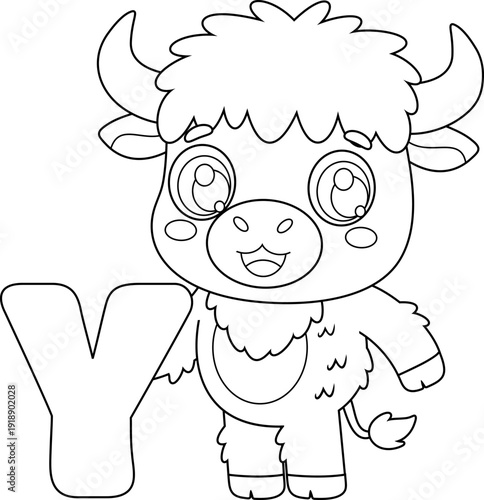 Cute Yak Alphabet With Letter Y Cartoon Character - Black and White Vector Hand Drawn Illustration Isolated On Transparent Background