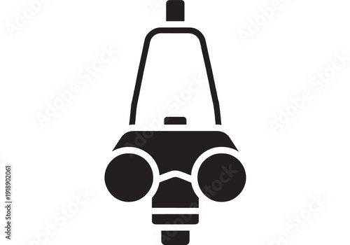 Gas mask icon with round filters and central respirator, bold black silhouette symbol for safety equipment, toxic hazard protection, industrial emergency signage