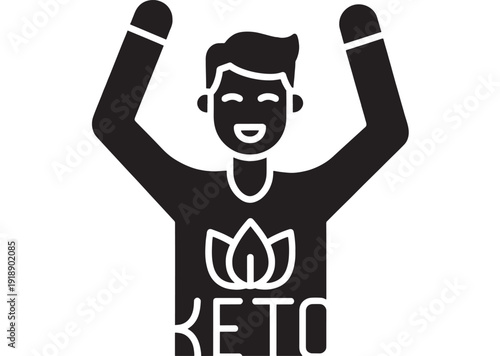 Person keto diet icon with raised arms and smiling face, glyph silhouette symbol for low carb lifestyle, ketogenic nutrition, fitness motivation, logo design