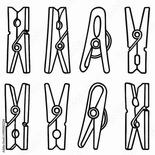 Laundry Day Vector Collection: Clean Clothespin Line Art for Household and Domestic Tasks. Simple, modern design on white background.