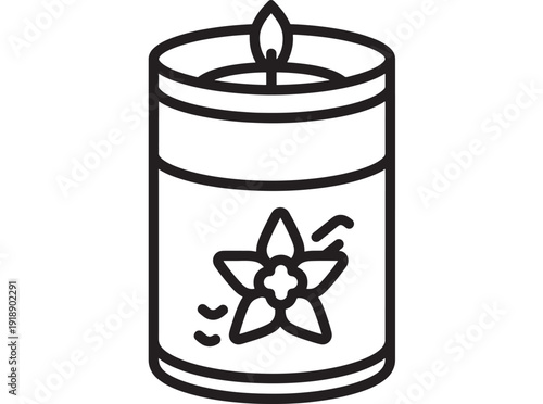 Candle icon with flower design and lit flame, simple black outline, minimalist style featuring wax, melt, aroma with scented and relax elements for calm, peaceful projects, clean composition on