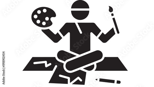 Artist sitting with paintbrush and palette surrounded by art supplies featuring painting, cross-legged, creative with painting tools and drawing elements for creativity, artistic projects, clean