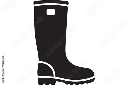 Boot rubber rain icon in black silhouette, waterproof wellington footwear symbol for weather protection, farming workwear, outdoor gardening and safety signage isolated
