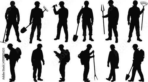 Gardener and farmer silhouette set with tools, agriculture worker vector illustration isolated on white background, landscaping farming profession collection