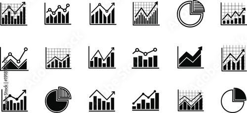 Black business analytics icon set with bar charts, line graphs, pie charts and financial growth symbols for corporate dashboard and statistical report design, Vector illustration.