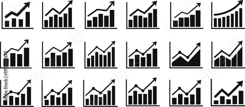 Black business growth bar chart icons with upward arrow and line graph, financial progress analytics symbols for profit increase, market performance and data visualization.