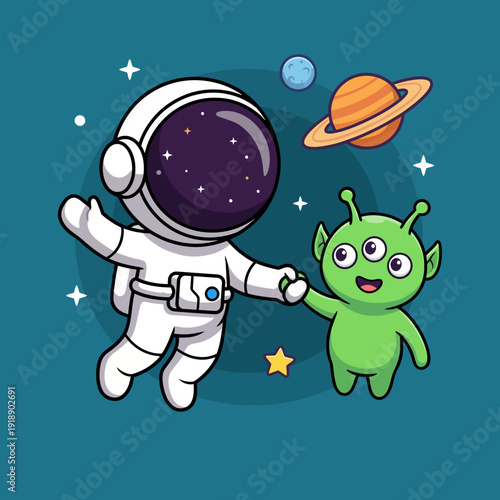 A friendly astronaut holds hands with a cutegreen alien amidst colorful planets, emphasizing unity, friendship, and thejoy of interstellar relationships in a whimsical, playful style.