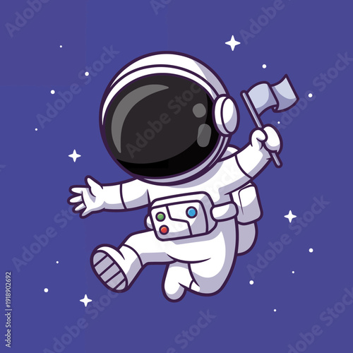 An enthusiastic astronaut waves a flag whilefloating through a colorful cosmic scene, symbolizing exploration, achievement, and human curiosity in theuniverse.