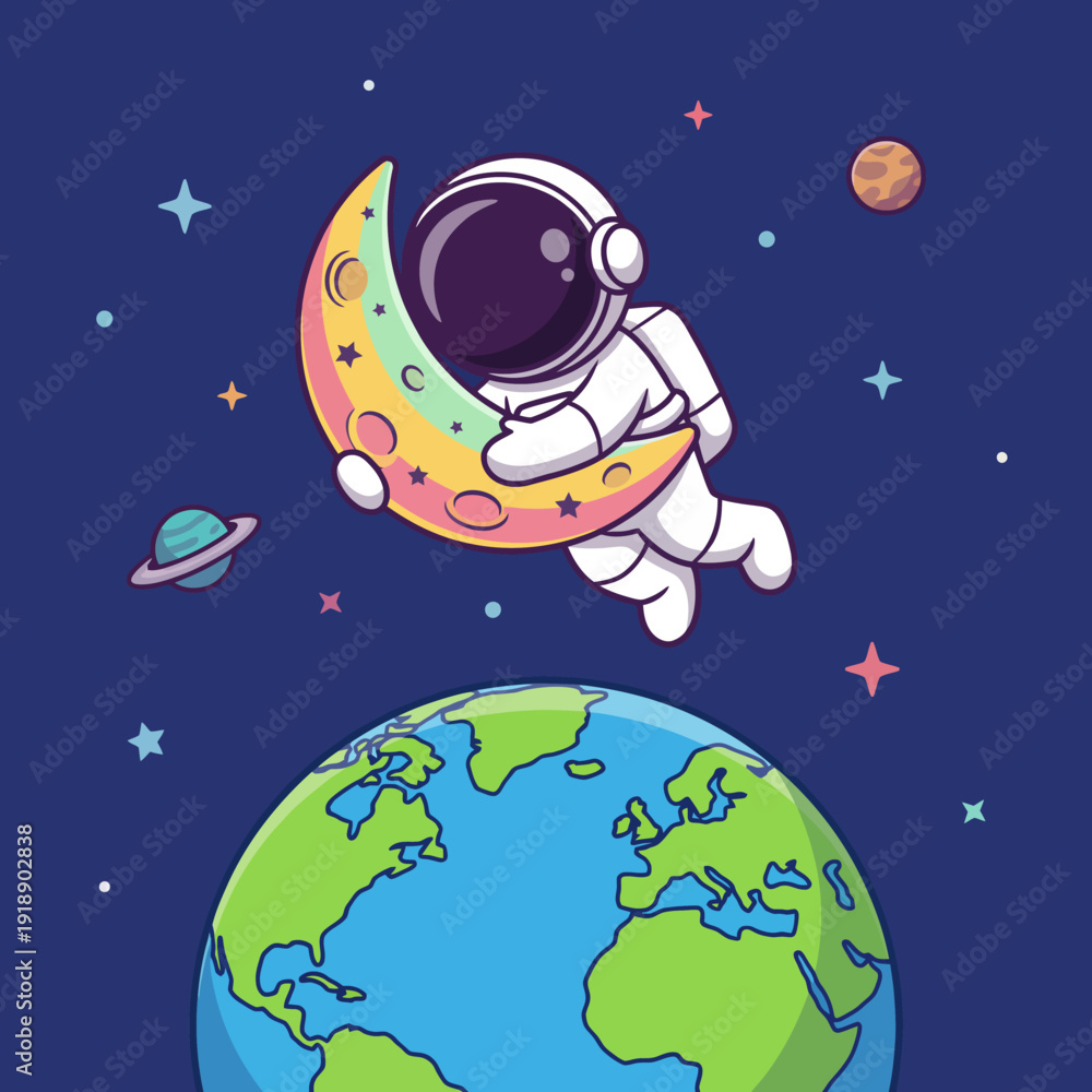 Fototapeta premium An imaginativeillustration of an astronaut effortlessly gliding on a crescent moon with Earth in thebackdrop, portraying a mix of creativity, adventure, and wonder about spaceexploration.