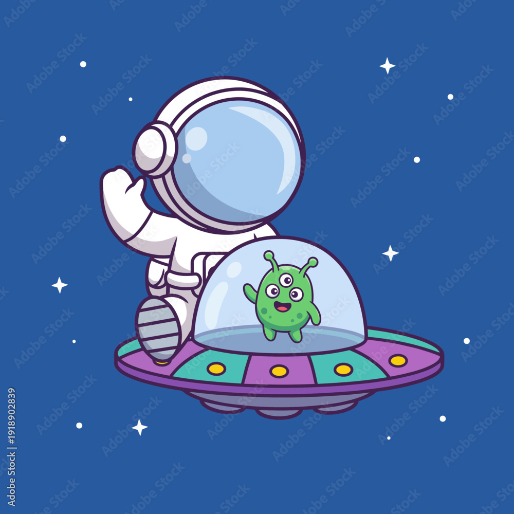 Naklejka premium A cuteand colorful illustration featuring an astronaut waving happily alongsidea friendly green alien in a whimsical UFO, showcasing a fun and imaginativeouter spacetheme.