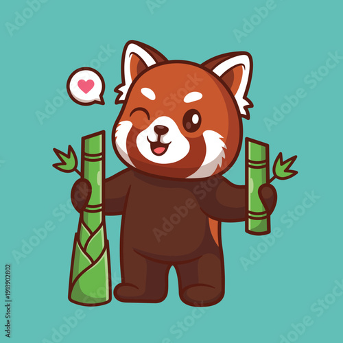 A charming red panda happily holds bamboo sticks, symbolizing playfulness and nature's charm in a visually appealing illustration full of cuteness and whimsy.