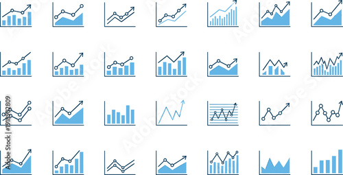 Blue business analytics chart icons set, financial growth graphs, bar and line data visualization elements, modern corporate dashboard vector collection.