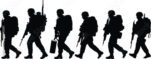 Military soldier silhouettes walking with rifles and tactical gear, army patrol unit black vector illustration isolated on white background