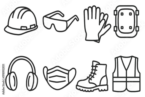 Safety First: Protective Gear Line Vector Icons Set for Construction and Industrial Work. Includes hard hat, glasses, gloves, and more.