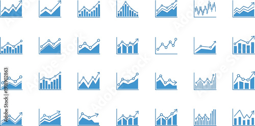 Blue financial analytics chart icon set, business growth graphs with bar and line trend symbols for market data dashboard design, Vector illustration.