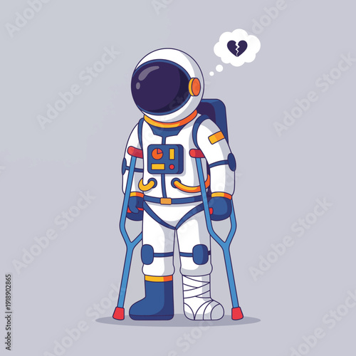 A whimsical astronaut in crutches, capturing thefeelings of loneliness and heartbreak through a playful cartoonish style. Thespacethemeadds a uniquetouch.