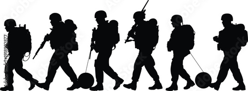 Military soldiers silhouettes walking with rifles and mine detector equipment, army patrol unit black vector illustration isolated background