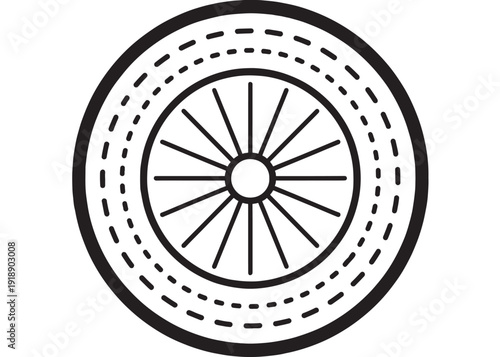 Wheel tire icon with spoked rim and dotted tread pattern, bold black outline vector symbol isolated on white background for transport, automotive, cycling UI design