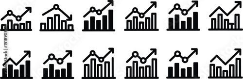 Business analytics chart icons set, bar graphs with upward arrows and performance trend lines, financial growth statistics symbols for marketing reports, Vector illustration