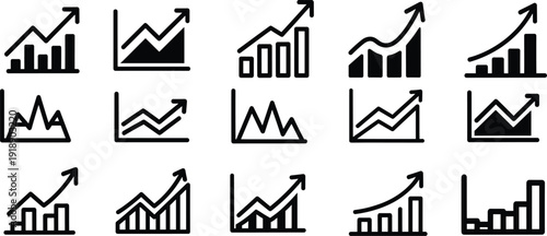 Business growth and financial performance icon set, bar charts and line graphs with upward arrows showing profit increase, revenue trends and market analytics, Vector illustration.