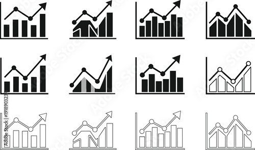 Business growth bar and line chart icon set, financial analytics graphs with upward arrows, stock market performance symbols for reports and dashboards, Vector illustration