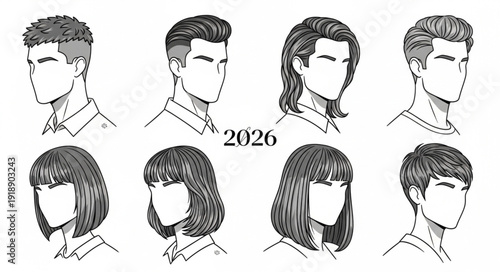 Collection of diverse hairstyles for men and women illustrated.