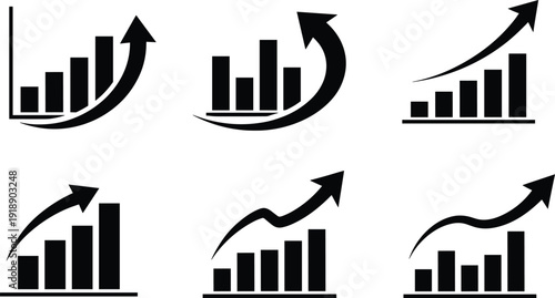 Business growth arrow icons set, bar chart and upward curved arrows representing financial increase, revenue growth, profit rise and market performance analytics, Vector illustration.