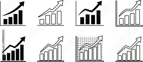 Business growth bar chart and line graph icons with upward arrow, financial performance analytics, stock market revenue increase vector collection.