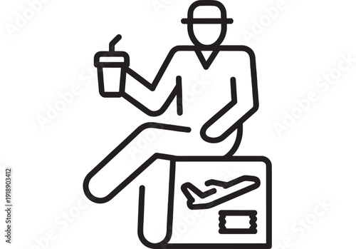 Traveler airport waiting icon with passenger sitting on suitcase holding drink, airplane and ticket symbols, minimal line pictogram for travel delay and transit lounge