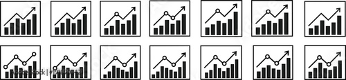 Business growth bar chart icons in square frames, financial analytics graphs with upward arrows and trend lines, corporate dashboard reporting symbols collection, Vector illustration