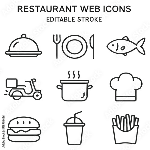 Restaurant Line Style Web Icons: Food, Drink, Cooking, and Delivery Graphics for Culinary Businesses. Editable stroke vector collection.