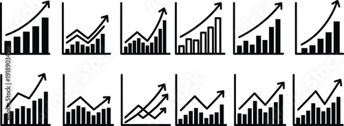 Business growth bar chart icons collection, financial analytics graphs with upward arrows, revenue increase and profit trend symbols for corporate reports, Vector illustration