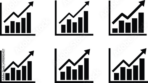 Business growth bar chart icons set, financial analytics graphs with upward arrows, stock market performance symbols for reports and dashboards, Vector illustration