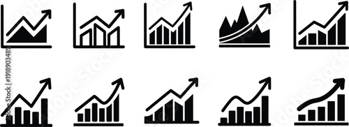 Business growth bar chart icons set, upward trend graphs with arrows and financial analytics symbols, market performance indicators collection, Vector illustration