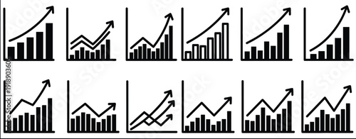 Business growth chart icons set, rising bar graphs with upward arrows, financial analytics statistics symbols, corporate success and market performance vector illustration collection.