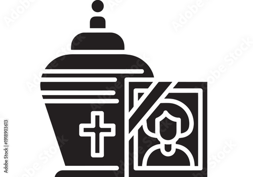 Urn funeral icon with cross symbol and framed photo, memorial concept in black glyph style, isolated on white background for cemetery service and remembrance design
