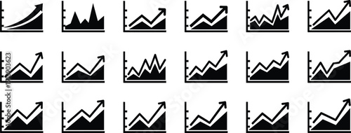 Business growth line chart icons with upward arrow, financial performance graph, stock market revenue increase analytics vector set.