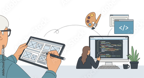 Illustrative depiction of a collaborative digital workflow, showing a designer sketching wireframes on a tablet and a developer coding on a desktop computer.