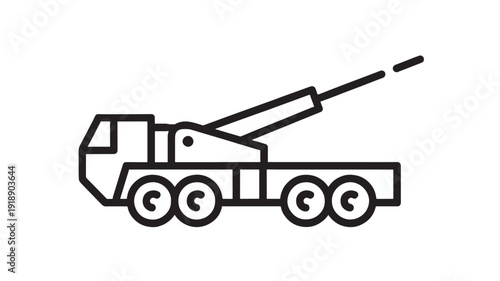 Howitzer self-propelled artillery vehicle icon with long cannon barrel on wheeled chassis, military weapon outline pictogram for army, defense and war themes
