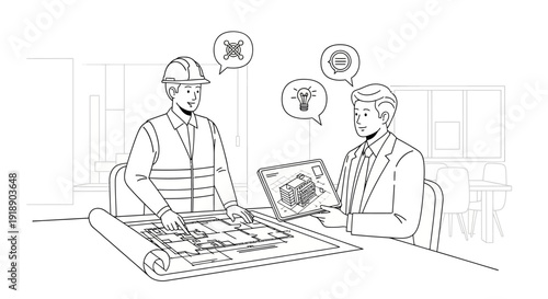 Two professionals discussing architectural plans and 3D building models with technology icons.
