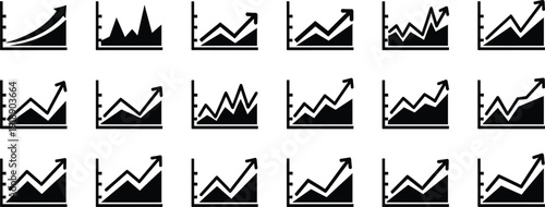 Business growth line chart icon set with upward arrow, financial performance graph, stock market revenue increase analytics vector collection.