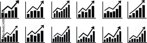 Business profit growth chart icons set, rising financial bar graphs, upward trend analytics symbols for corporate reporting and market performance, Vector illustration