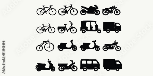 Vehicle Silhouettes Vector Collection: Bicycles, Motorcycles, and Trikes for Transport, Branding, and Educational Designs on White Background.