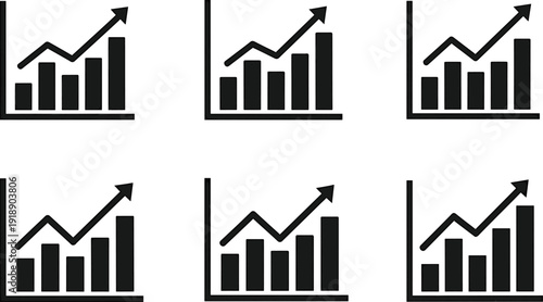 Financial growth bar chart icons set, business analytics graphs with upward arrows and profit trends, stock market performance symbols for reports and dashboards, Vector illustration.