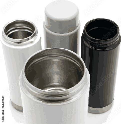 Create a realistic White, Gray, Black Empty Glossy Metal Thermos Water Cup 3d rendering vector art with white background..