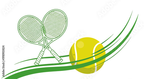 Illustration of two green tennis rackets and a yellow tennis ball with green motion lines on a white background.