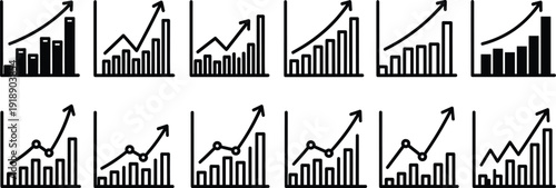 Financial growth bar chart icons collection, rising analytics graphs, profit increase symbols and business performance indicators for marketing reports, Vector illustration